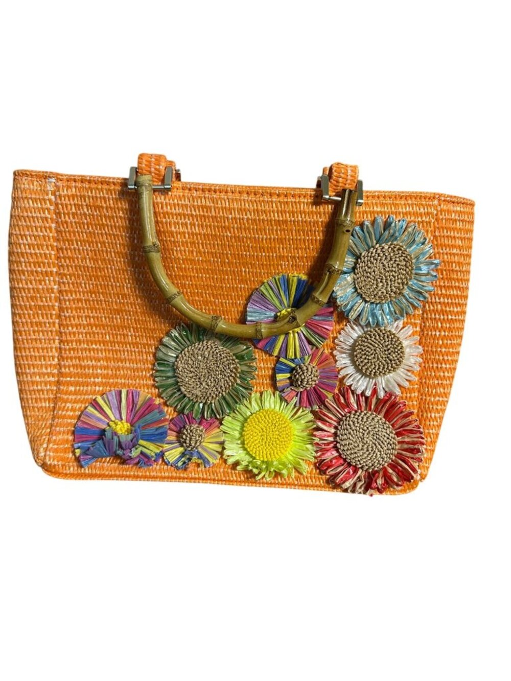 Haute Hippie Orange Woven Straw Tote Bag 3D Floral Raffia Bamboo Handles Boho